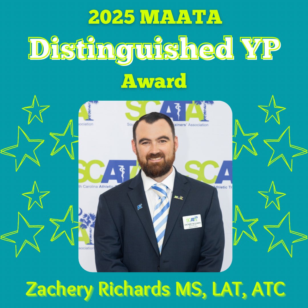 maata_ypc's tweet photo. The MAATA Distinguished YP Award recognizes young professionals who have made an impact on the local, district, and national level of the athletic training profession. 

This year’s award winner is @SCATCs’s Zachery Richards! Join us in Virginia Beach on May 3 to honor him! 🎉 https://t.co/uDpCMNEV6P