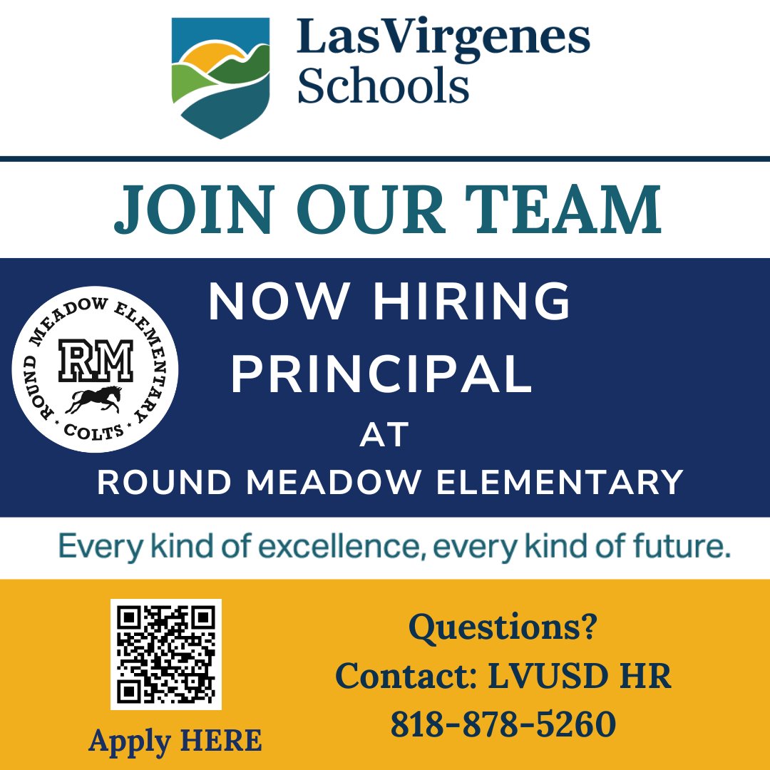 Join our team! We are hiring a Principal for Round Meadow Elementary.  More information can be found here: edjoin.org/Home/JobPostin…