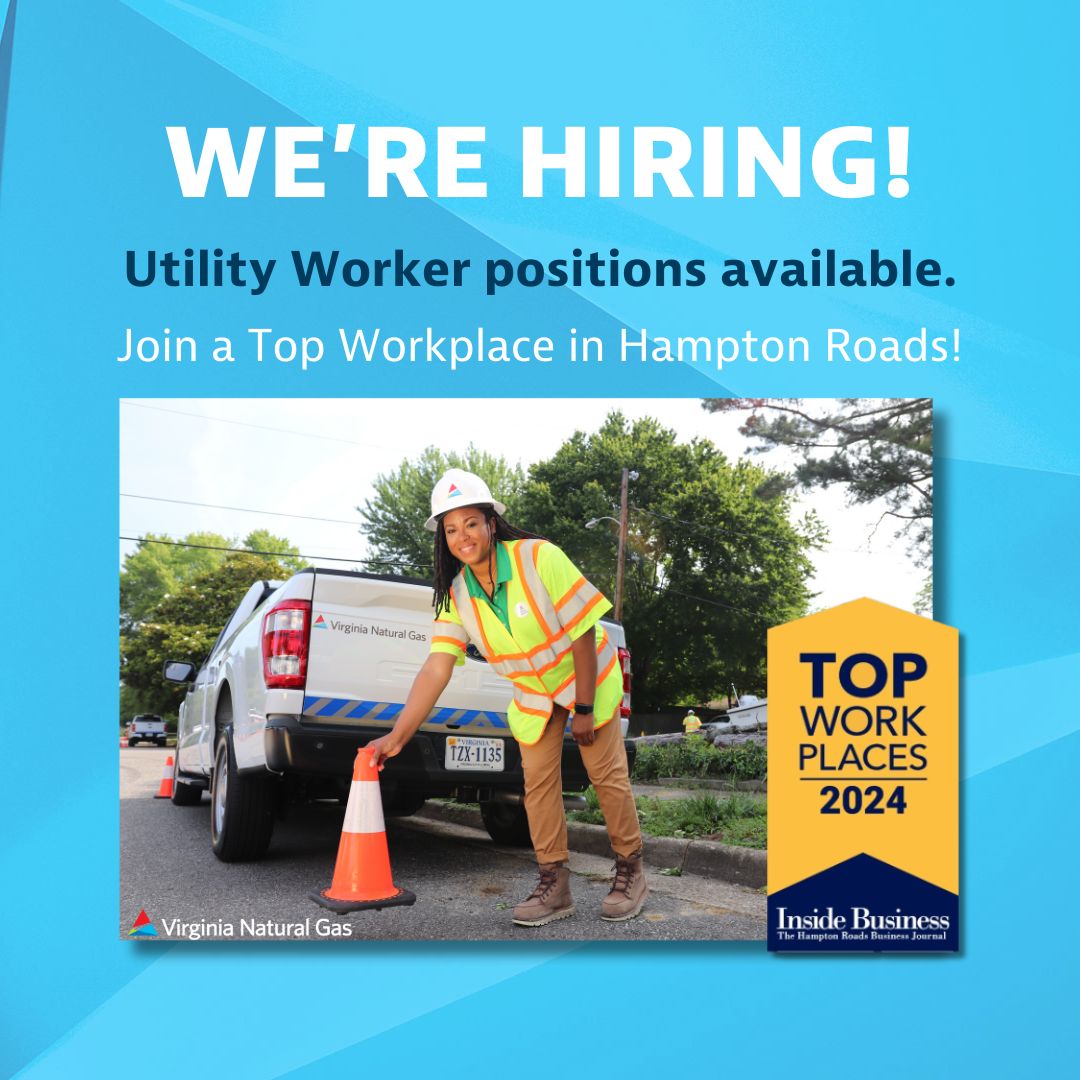 Virginia Natural Gas is hiring!

🔧 Position: Utility Worker (Entry-Level) 
📍 Location: Chesapeake, Newport News, New Kent
🌱 Growth: Opportunity for advancement into our apprenticeship program 
🌐 Work: Predominantly outdoors, in all weather conditions 
🚗 Requirements: Safe