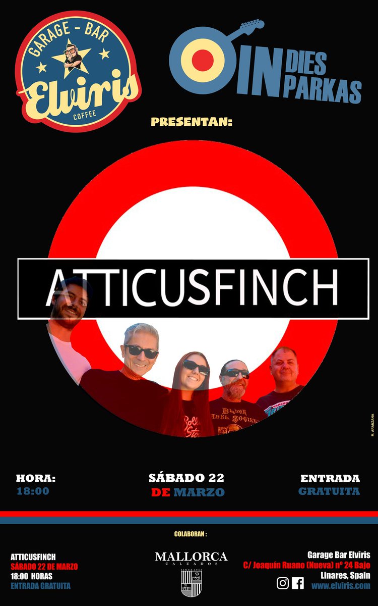 Atticusfinch (@atticusfinchab) on Twitter photo Atticusfinch en el Indies in Parkas!!
El próximo 22 de marzo estaremos en uno de los festivales más importantes de nuestra escena.
Será en <a href="/GarageElviris/">Garage Bar Elviris</a> de Linares con entrada libre hasta completar aforo.
Patrocina Calzados Mallorca. Atticusfinch en el Indies in Parkas!!
El próximo 22 de marzo estaremos en uno de los festivales más importantes de nuestra escena.
Será en <a href="/GarageElviris/">Garage Bar Elviris</a> de Linares con entrada libre hasta completar aforo.
Patrocina Calzados Mallorca.