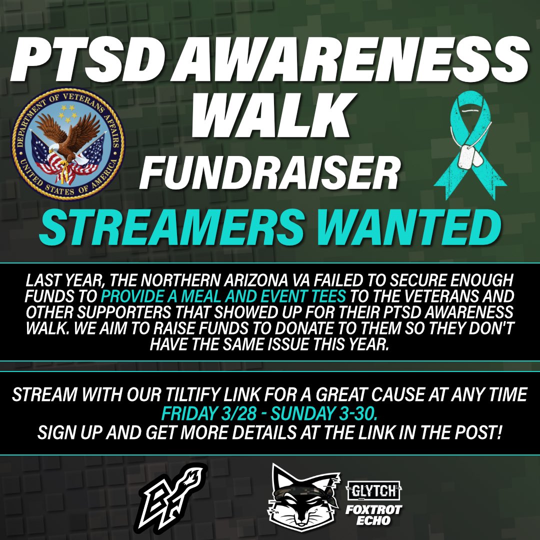 blackfox87fps's tweet image. Are you wanting to help with the VA PTSD AWARENESS Fundraiser? 

Look no further! We are looking for streamers to help us out the weekend of 3/28 - 3/30. 

- No Streaming Requirements.
- Stream all you wish (1 hour or 60!)
- All links and images will be provided to you.…