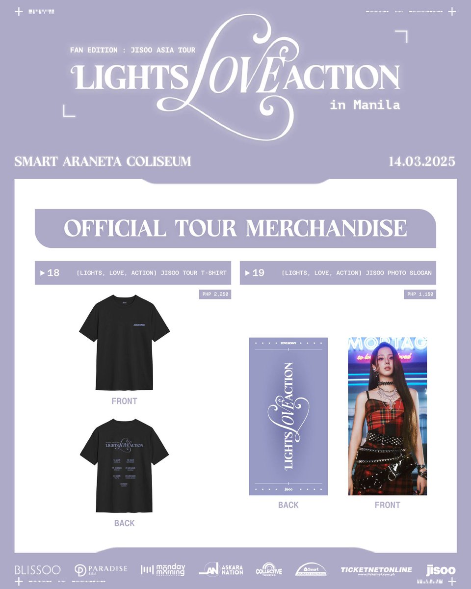 Get ready to bring home exclusive 2025 JISOO ASIA TOUR: "LIGHTS, LOVE, ACTION!" merchandise! 💖 

From must-have collectibles to fan-favorite essentials, make sure to grab yours at the official merch booth! 🎶💜

Limited stocks only—once they’re gone, they’re gone! Don’t miss