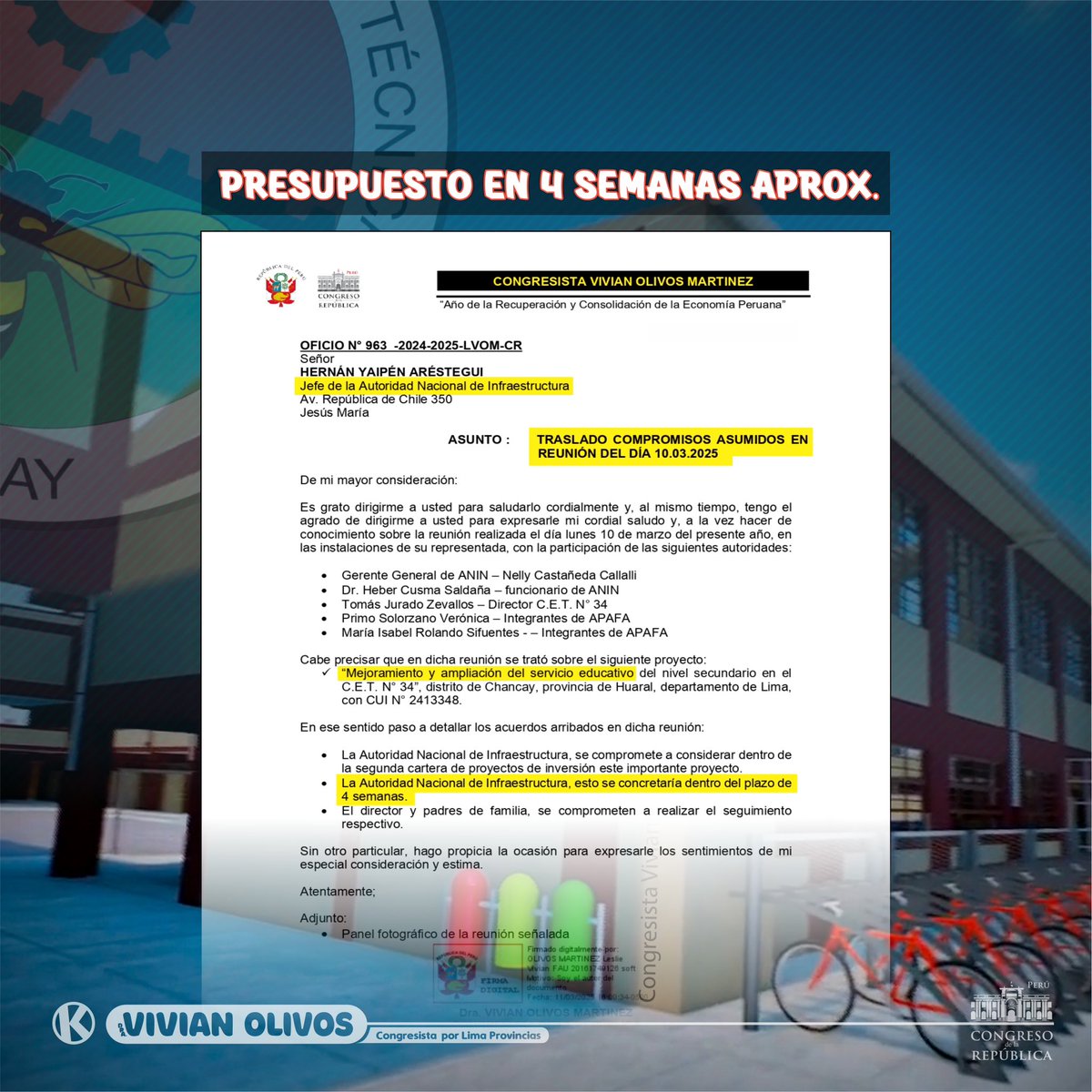 VivianOlivos's tweet photo. ✅ En favor de la I.E #INEI34 de #Chancay, luego de lograr el expediente y perfil, tras reunirnos con la Autoridad Nacional de Infraestructura - ANIN, #LOGRAMOS  el presupuesto para dentro de 4 semanas (aprox)

#ConlaPoblación #LimaProvincias #VivianOlivos #Abogando #RegiónLima https://t.co/OYfhI3EJFP
