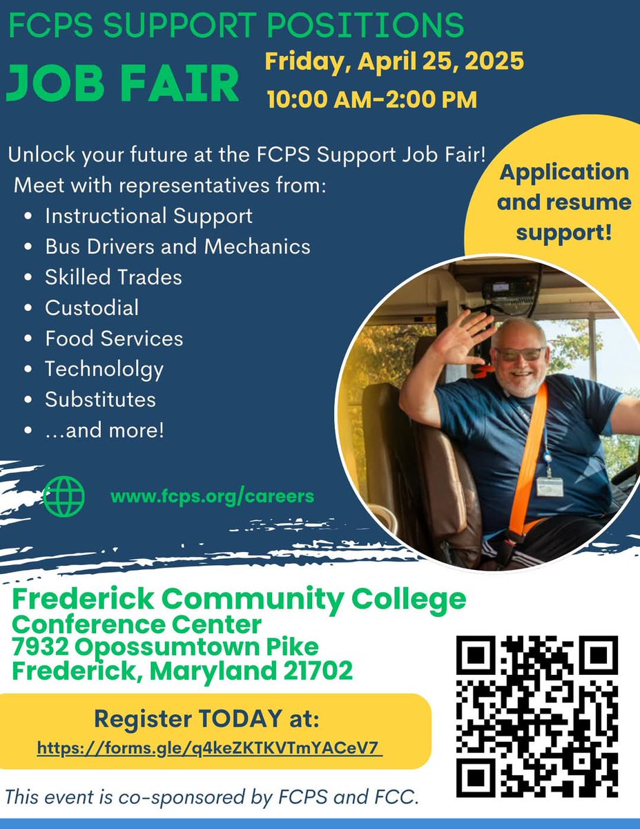 🎉 Join Us at the FCPS Maryland Support Positions Job Fair!🎉

📅 **Date:** April 25, 2025
⏰ **Time:** 10:00-2:00
📍 **Location:** Frederick Community College

Why Join Us?
- Competitive pay
- Full benefits package
- A supportive work environment
- Opportunities for growth