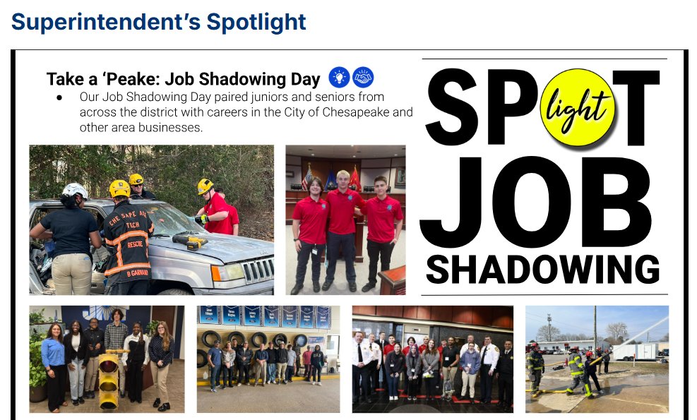 Chesapeake Career and Technical Education (@chesapeake_cte) on Twitter photo This week, the CTE "Take a 'Peake" Job Shadowing Day was highlighted in <a href="/drjcotton/">Jared A. Cotton</a> Superintendent's Spotlight! #CTE #WBL This week, the CTE "Take a 'Peake" Job Shadowing Day was highlighted in <a href="/drjcotton/">Jared A. Cotton</a> Superintendent's Spotlight! #CTE #WBL