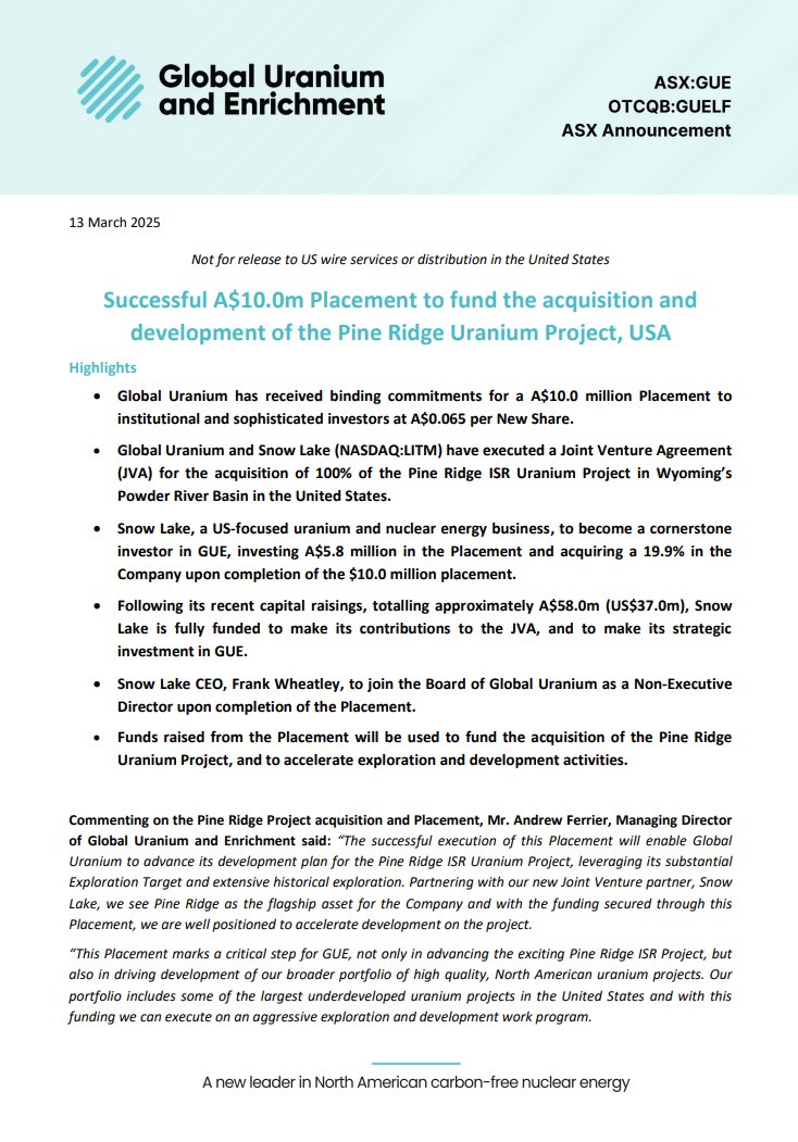 $GUE is pleased to announce that it has received binding commitments to raise $10.0 million (before costs) via placement. Funds will be raised through the issue of 153.8 million new fully paid ordinary shares at A$0.065 per share.

See full announcement: bit.ly/4hyh7ng