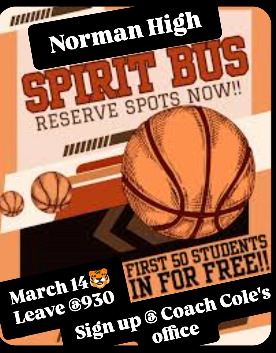 NHSWBB's tweet photo. 🗣 CALLING ALL NHS STUDENTS!! DON'T MISS YOUR CHANCE TO SUPPORT OUR GIRLS!! 📣 RESERVE YOUR SPOT ON THE SPIRIT BUS NOW‼️ FIRST 50 STUDENTS FREE!! 🧡🖤🐯 https://t.co/CvC9VISZDx