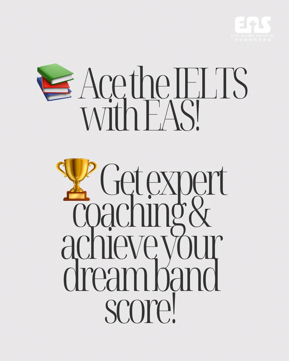 EASGroup's tweet photo. 🎓 Need a high IELTS score? EAS has you covered!

📌 What’s included in our IELTS coaching?
✅ Complete training for all 4 sections (Listening, Reading, Writing, Speaking)
✅ Mock exams &amp; real exam simulations
✅ Expert feedback to improve your band score https://t.co/5uloxrsYxb