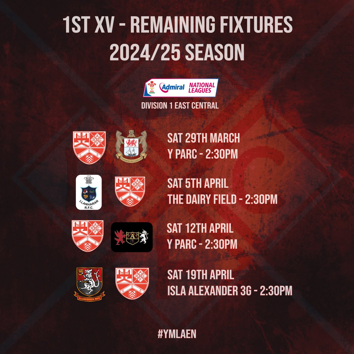 🏉 𝐃𝐚𝐭𝐞𝐬 𝐟𝐨𝐫 𝐭𝐡𝐞 𝐝𝐢𝐚𝐫𝐲... 📔

Our 1st XV still have 𝗳𝗼𝘂𝗿 more games to play before our 2024/25 season officially draws to a close!

All of our rearranged matches, with locations and kick off times, can be seen below 🔽

#Ymlaen