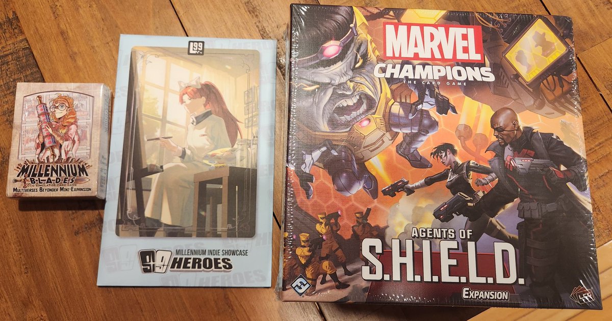 Asmoridin's tweet photo. Mail day! New/recent expansions for Marvel Champions, 7th Sea: City of Five Sails, Doomtown, and Millennium Blades. Lots of great products to unpack. #boardgames #cardgames #DoomtownReloaded #marvelchampions #millenniumblades #cityoffivesails https://t.co/6kUYpHSnZ7