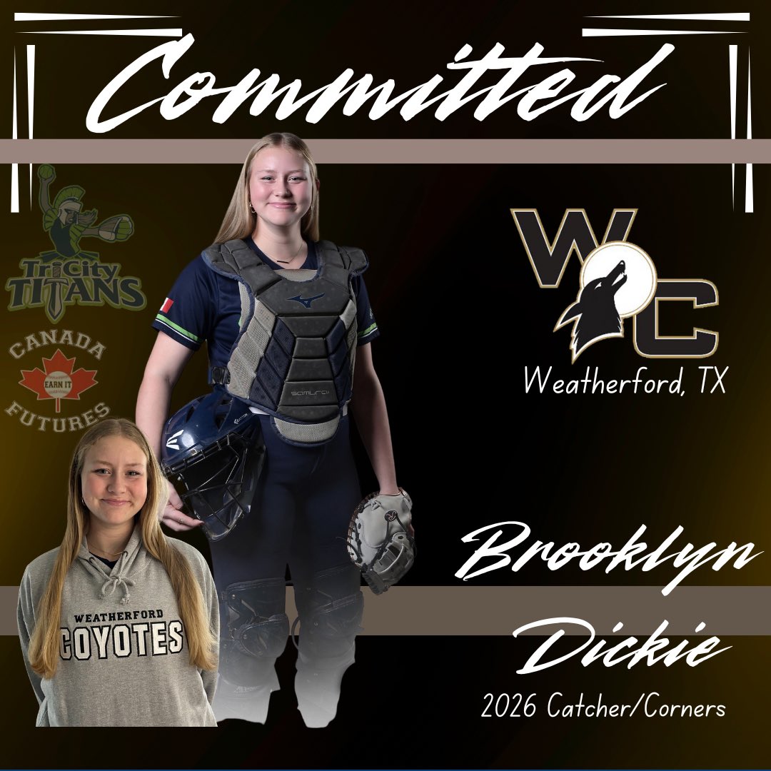 Brooklyn Dickie | 2026 | Catcher (@bsoftball20) on Twitter photo I’m beyond excited to announce my verbal commitment to Weatherford College! I’m so grateful for this opportunity! A big thank you goes to Coach Williams, Coach Bartels, and Coach Flanagan for making my dreams possible!
Go Pack!
<a href="/ChrisBartels20/">Chris Bartels</a> <a href="/CoyotesDen/">Weatherford College Softball</a> <a href="/ChrisFlana88338/">Chris Flanagan</a> I’m beyond excited to announce my verbal commitment to Weatherford College! I’m so grateful for this opportunity! A big thank you goes to Coach Williams, Coach Bartels, and Coach Flanagan for making my dreams possible!
Go Pack!
<a href="/ChrisBartels20/">Chris Bartels</a> <a href="/CoyotesDen/">Weatherford College Softball</a> <a href="/ChrisFlana88338/">Chris Flanagan</a>