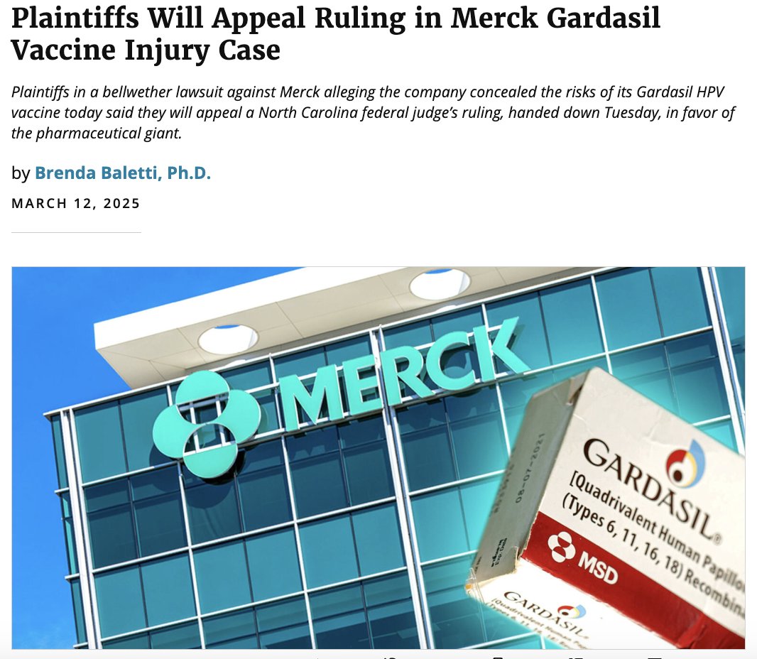 ChildrensHD's tweet image. ⚖️ Plaintiffs Will Appeal Ruling in Merck Gardasil Vaccine Injury Case

Plaintiffs in a bellwether lawsuit against Merck alleging the company concealed the risks of its Gardasil HPV vaccine today said they will appeal a North Carolina federal judge’s ruling, handed down Tuesday,…