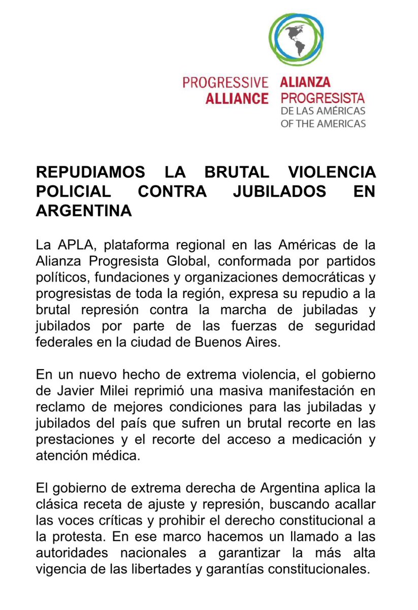 APLAProgresista's tweet image. Repudiamos la brutal represión hacia jubiladas y jubilados en Buenos Aires
El gobierno de @JMilei aplica la tradicional receta de la extrema derecha: ajuste y represión
Mucha fuerza al pueblo argentino 🌹💪