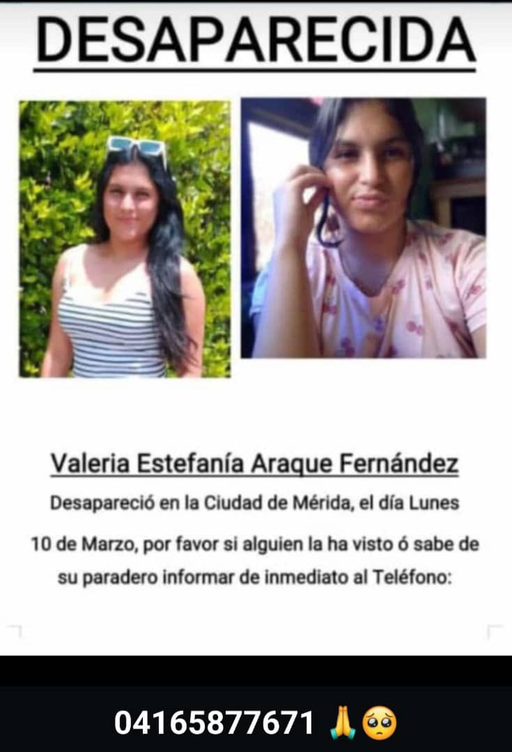 GochaSuper's tweet image. ‼️#Desparecida en #Mérida la niña Valeria Araque de solo 14 años. Cualquier información que se tenga de su paradero en la imagen tienen el # de contacto.

Ayúdenme a difundir por favor 🙏🏻. Dios les pague.