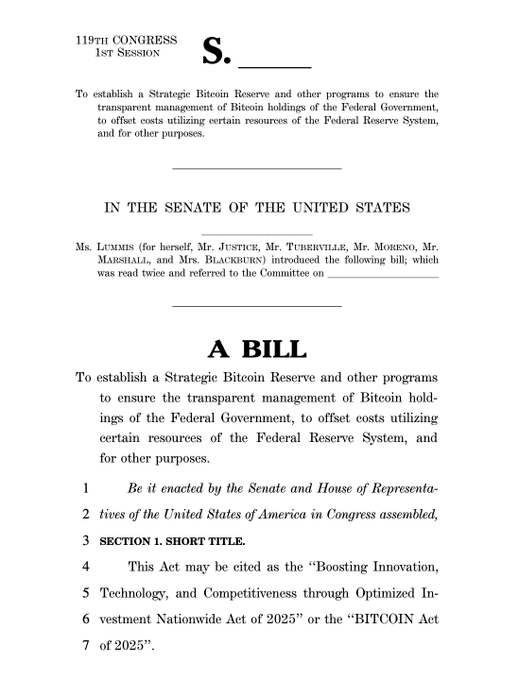 RoundtableSpace's tweet photo. JUST IN: SENATOR CYNTHIA LUMMIS'S STRATEGIC BITCOIN RESERVE BILL IS NOW ON CONGRESS GOV'S WEBSITE

Source: @BitcoinMagazine https://t.co/4lV2Y3WsZz