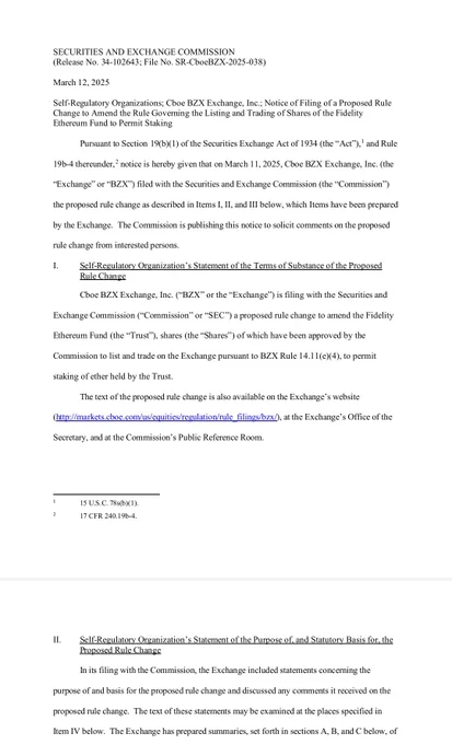 🔵 - MTC - "Fidelity punta sullo staking di Ethereum: la SEC avvia la consultazione sulla proposta del Cboe BZX Exchange"