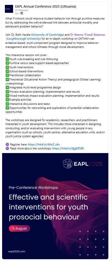 Beth Hardie (@bethhardie) on Twitter photo What if schools could improve student behaviour not through punitive measures but by addressing the well-evidenced link between anti-social morality and adolescent problem behaviour?
Join us and @satnavproject <a href="/CompassSATNAV/">The Compass Project</a> at our #eapl2025 workshop
eapl2025.com/workshops/ What if schools could improve student behaviour not through punitive measures but by addressing the well-evidenced link between anti-social morality and adolescent problem behaviour?
Join us and @satnavproject <a href="/CompassSATNAV/">The Compass Project</a> at our #eapl2025 workshop
eapl2025.com/workshops/