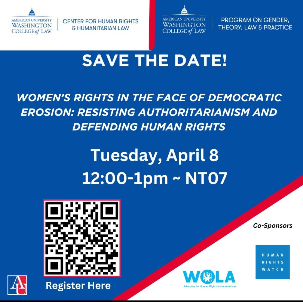 📢Women’s rights are under attack as authoritarianism grows.
We need to defend our rights in the face of democratic erosion. Join us next month for this critical conversation👇
📅Tuesday, April 8
🕛12:00 pm
📍American University, Washington DC
Register: tinyurl.com/3ktkch96