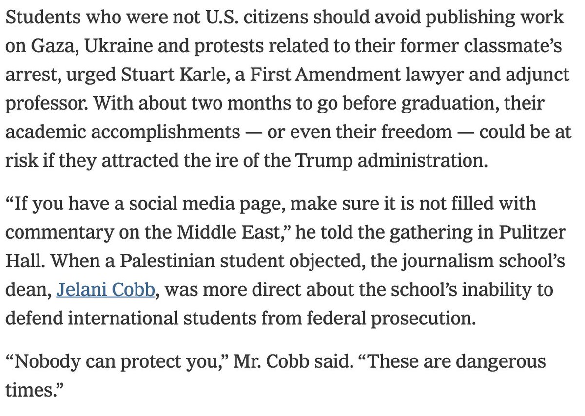 Charles Ornstein (@charlesornstein) on Twitter photo "Nobody can protect you," Jelani Cobb, dean of <a href="/columbiajourn/">Columbia Journalism School</a>, told students. "These are dangerous times." nytimes.com/2025/03/12/nyr… "Nobody can protect you," Jelani Cobb, dean of <a href="/columbiajourn/">Columbia Journalism School</a>, told students. "These are dangerous times." nytimes.com/2025/03/12/nyr…