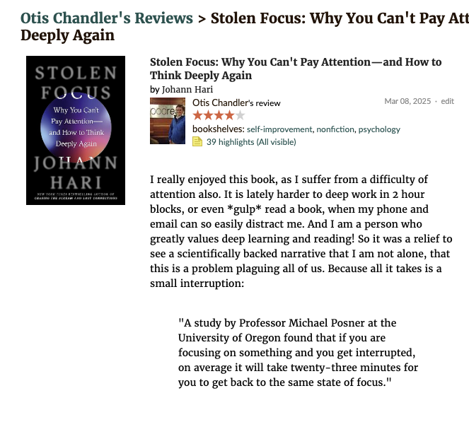 otown's tweet image. I really loved the book Stolen Focus by @johannhari101 - I think worth a read if you are feeling at all unproductive goodreads.com/review/show/72…