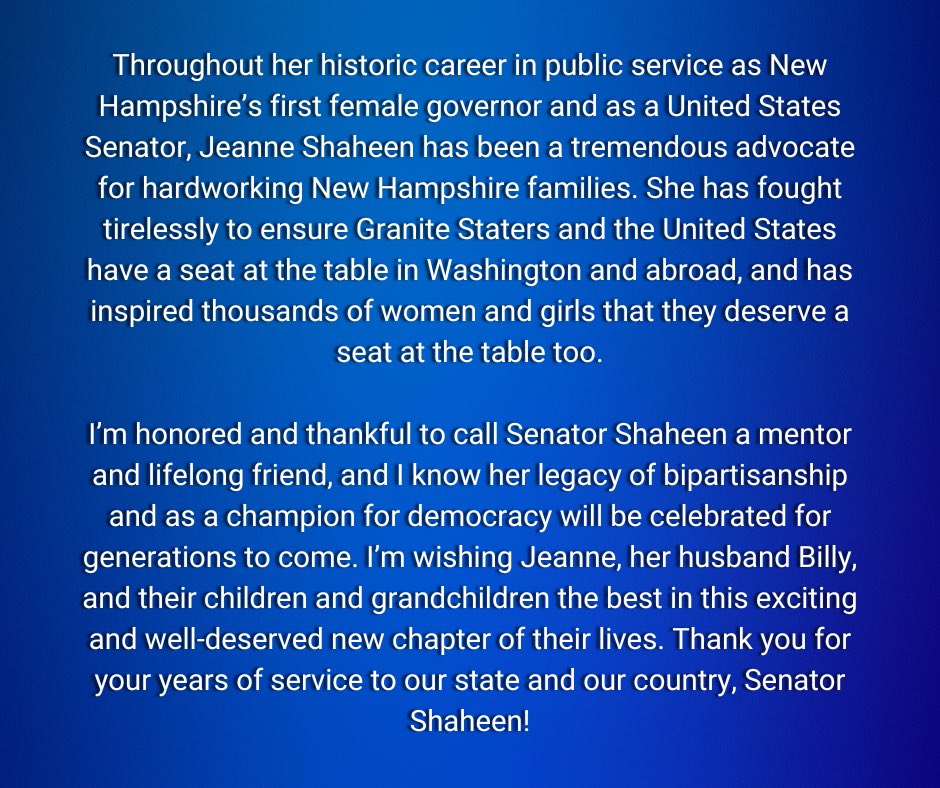 Thank you for your lifetime of service, <a href="/SenatorShaheen/">Sen. Jeanne Shaheen</a>!
