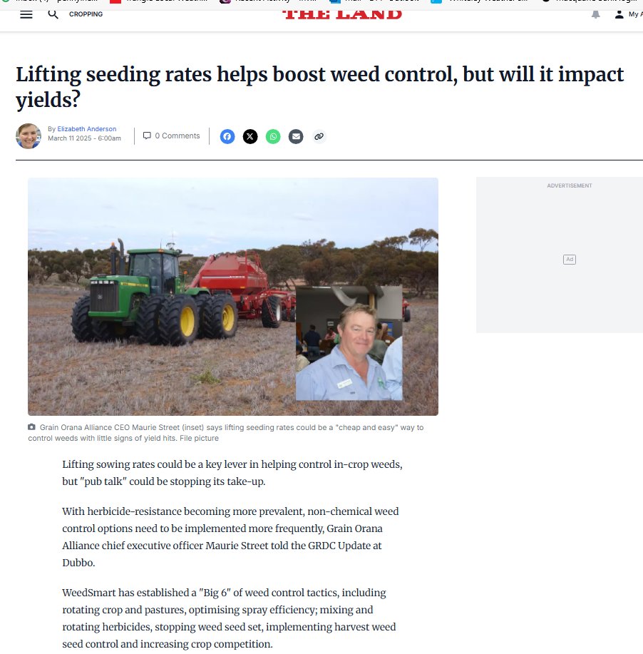 Did you see our gallant leader in <a href="/thelandnews/">The Land</a> talking about:
"Increasing wheat sowing rates to combat weeds- Impacts on yield &amp; quality in low rainfall zones".

🤨Some of the results might surprise you:

🔼71% yields increased or no effect when populations increased​.
🔽Lowest
