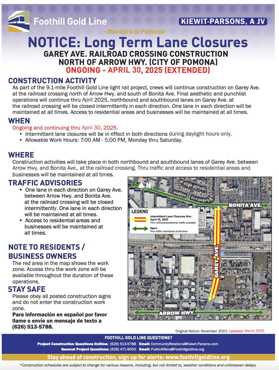 Foothill Gold Line - Extended Garey Ave Long Term Closure edl.io/n2045820