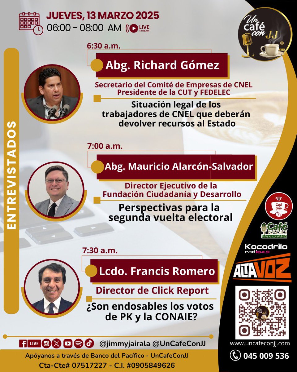 Un Café con JJ (@uncafeconjj) on Twitter photo ☕️MAÑANA en <a href="/UnCafeConJJ/">Un Café con JJ</a> :
🎙️<a href="/GomezlRichard/">Richard Gomez</a>
🎙️Mauricio Alarcón
🎙️<a href="/Clickresearchec/">Click Research Ec</a>
SÍGUENOS en las cuentas de <a href="/jimmyjairala/">Jimmy Jairala</a> en Facebook y YouTube.
<a href="/cafeclub/">カフェオーナーズクラブ</a> <a href="/altavoz_ecu/">Altavoz EC</a> ☕️MAÑANA en <a href="/UnCafeConJJ/">Un Café con JJ</a> :
🎙️<a href="/GomezlRichard/">Richard Gomez</a>
🎙️Mauricio Alarcón
🎙️<a href="/Clickresearchec/">Click Research Ec</a>
SÍGUENOS en las cuentas de <a href="/jimmyjairala/">Jimmy Jairala</a> en Facebook y YouTube.
<a href="/cafeclub/">カフェオーナーズクラブ</a> <a href="/altavoz_ecu/">Altavoz EC</a>