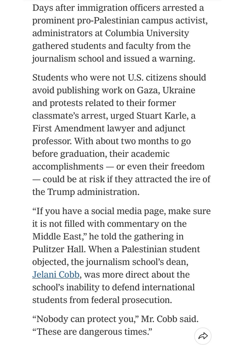 If the dean of one of the country’s top journalism schools is advising students to self-censor because “nobody can protect you,” then we have already passed a major milestone on the road to authoritarianism.

nytimes.com/2025/03/12/nyr…