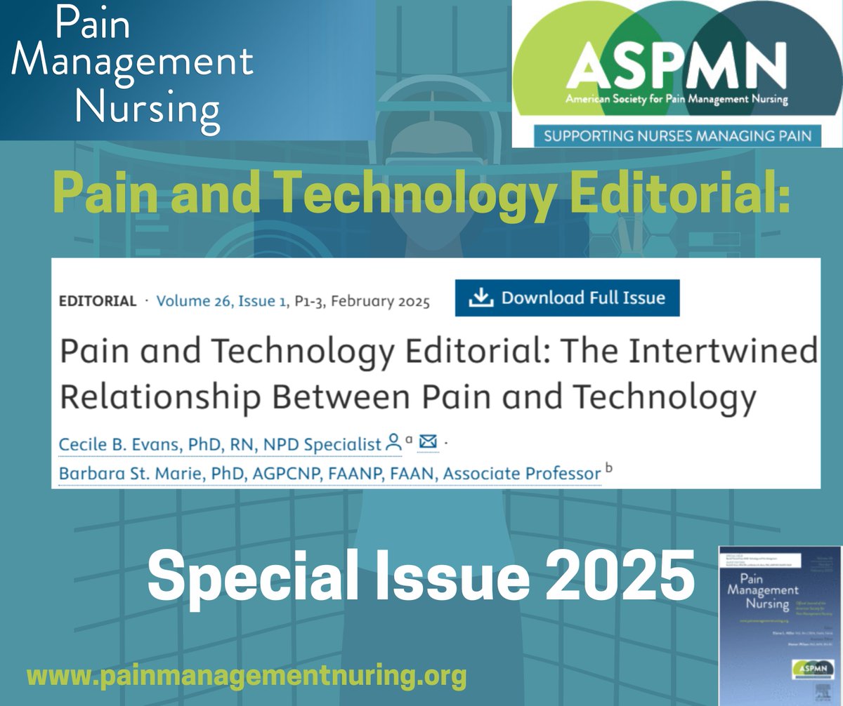 The special issue editorial introducing content can be found at:

painmanagementnursing.org/article/S1524-…

#Pain #Technology #TENS #Biofeedback #online #virtual #VR #monochromaticIR #resilience #app #laborpain #bibliometric #bronchoscopy #TEAS #specialissue #nursing #painmanagement #Nursing #rn