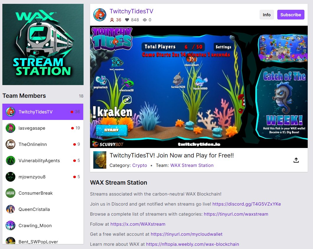 WAXstream's tweet image. Check out our official @Twitch stream team page to keep up with your favorite @WAX_io streamers!!!!
📺twitch.tv/team/waxstream…

$WAXP #WAXNFT