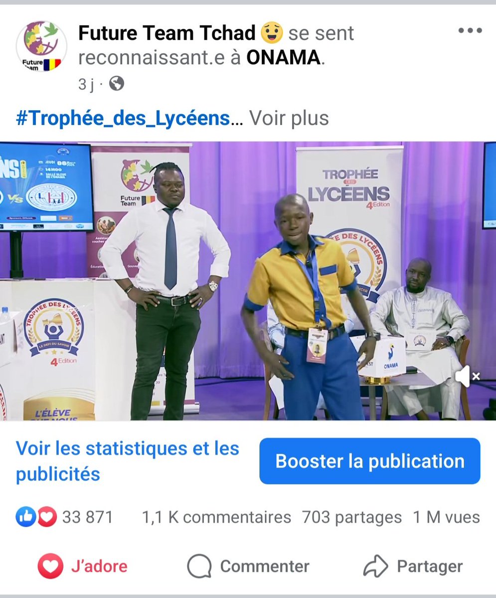 DrHassane90's tweet photo. #Trophée_des_Lycéens
#Un_de_vues_en_72h🥳
#Asra Toussaint l'a fait! Plus d'Un #million de personnes ont regardé sa vidéo en seulement 72h!
Nos chaleureuses félicitations.
Notre partenaire traditionnel, #Safitel Chad lui offrira un #Ordinateur 💻 ce samedi
Merci #Safitel https://t.co/FYFpHS7jss