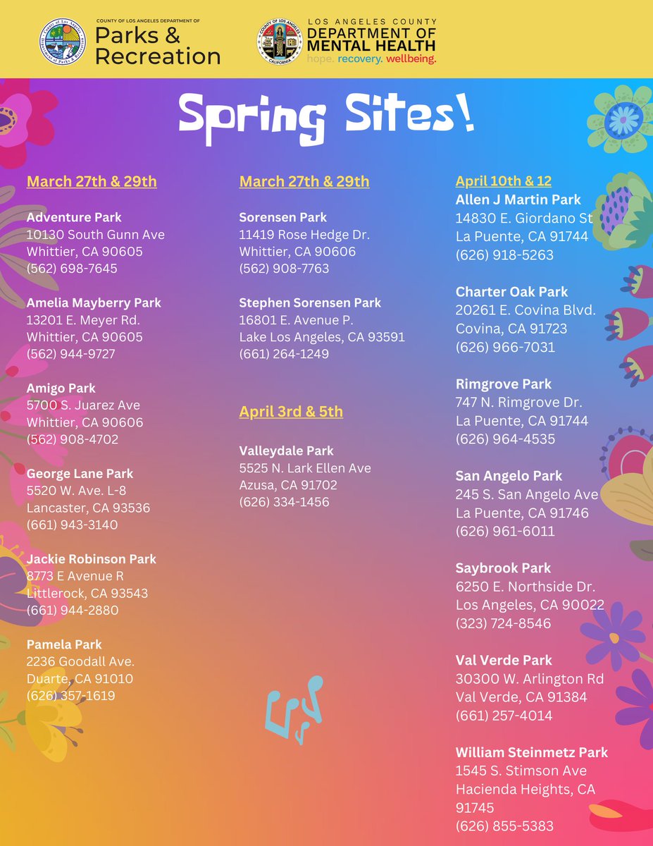 🌟 Spring into Fun with Parks After Dark! 🌟
Join us from March 27 to April 26
Every Thurs &amp; Sat 6-9 PM 
At 34 LA County Parks for FREE concerts, sports, arts &amp; crafts, food, and much more! 🌸✨

Visit parks.lacounty.gov/springpad for info. 🎨🎶🏀

#ParksAfterDark #LACountyParks