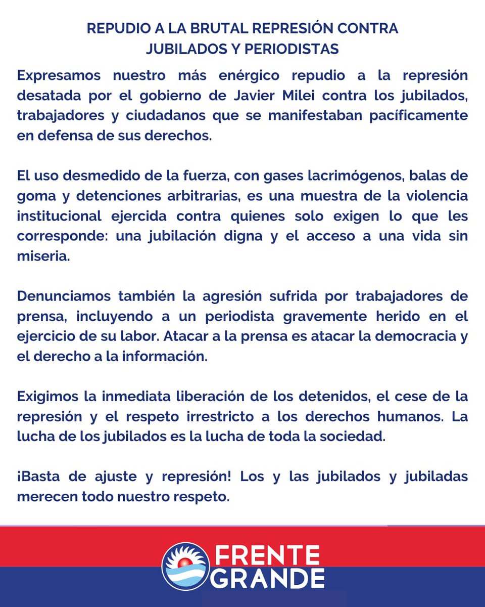 REPUDIO A LA BRUTAL REPRESIÓN CONTRA JUBILADOS Y PERIODISTAS.