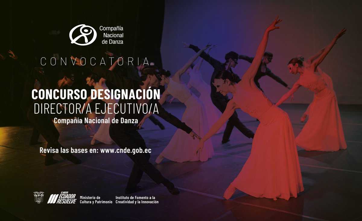 #Convocatoria :: Convocamos a todas las personas interesadas a participar en el Concurso Público para la designación de Director/a Ejecutivo/a. Revisa el cronograma, bases y formatos en: cnde.gob.ec/?p=1289

#ElNuevoEcuadorResuelve 

<a href="/Cultura_Ec/">Ministerio de Cultura y Patrimonio 🇪🇨</a> 
<a href="/Creatividad_Ec/">IFCI</a>