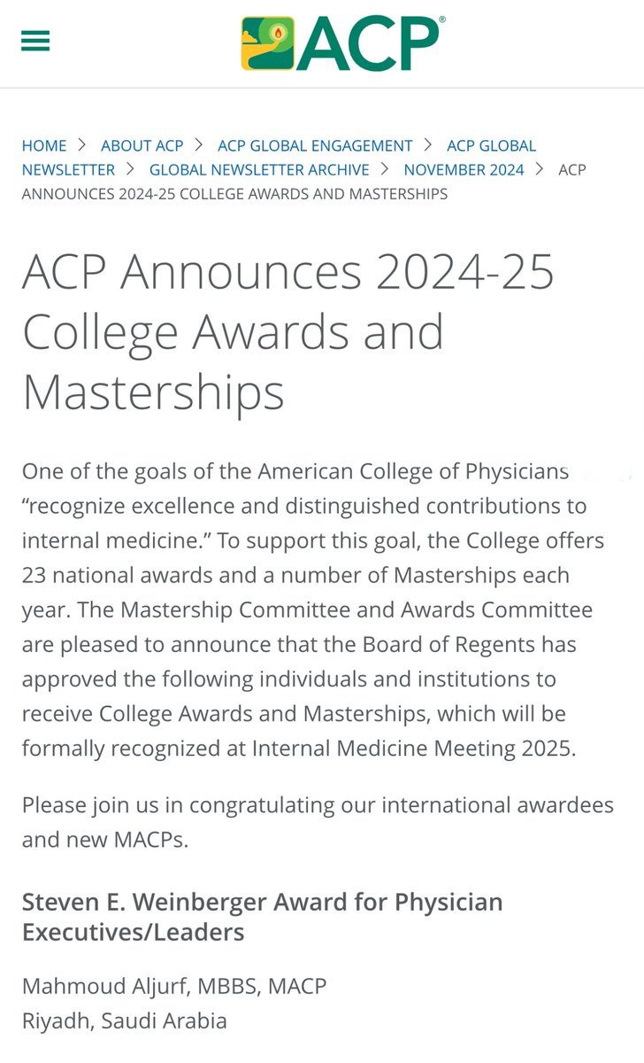 MKD_BMT's tweet image. Congratulations to my colleague and dear friend @aljurf100 for being the recipient of the 2025 Steven E. Weinberger Award for Physician Executives/Leaders by the American College of Physicians @ACPIMPhysicians