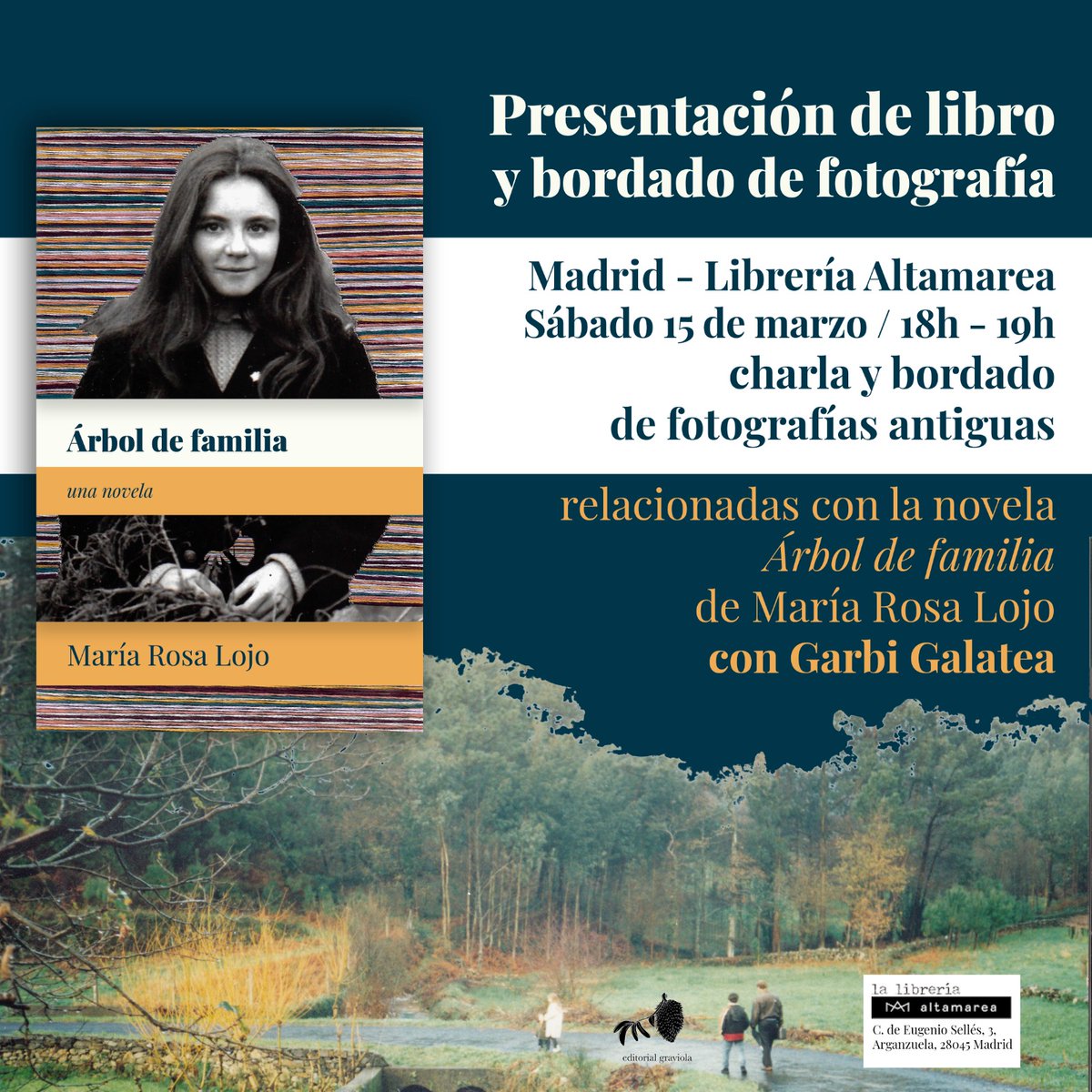 Este sábado, una presentación muy especial en Madrid.

Conversaremos con Garbi Galatea sobre "Árbol de familia", de María Rosa Lojo, y sus técnicas de bordado sobre las fotografías para el libro. 

La entrada de 5€ incluye un kit de bordado y un descuento en la compra del libro.