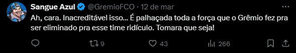 'Classificação vergonhosa' 'Deveria ter sido eliminado' 

Pior gremista é aquele q torce contra o próprio clube e fica amargo com suas vitórias

Dá para comemorar a classificação sem ficar satisfeito com o futebol. Deixem a amargura de hoje para os vermelhos