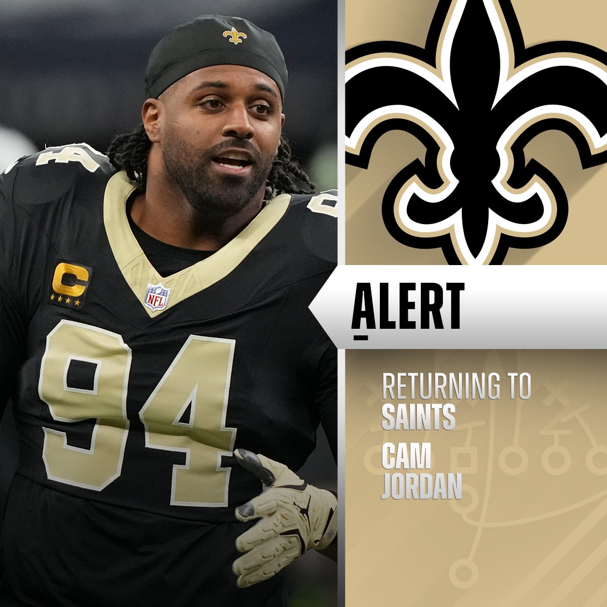 NFL's tweet image. Saints, DE Cam Jordan agree to revised contract to return in 2025. (via @TomPelissero)