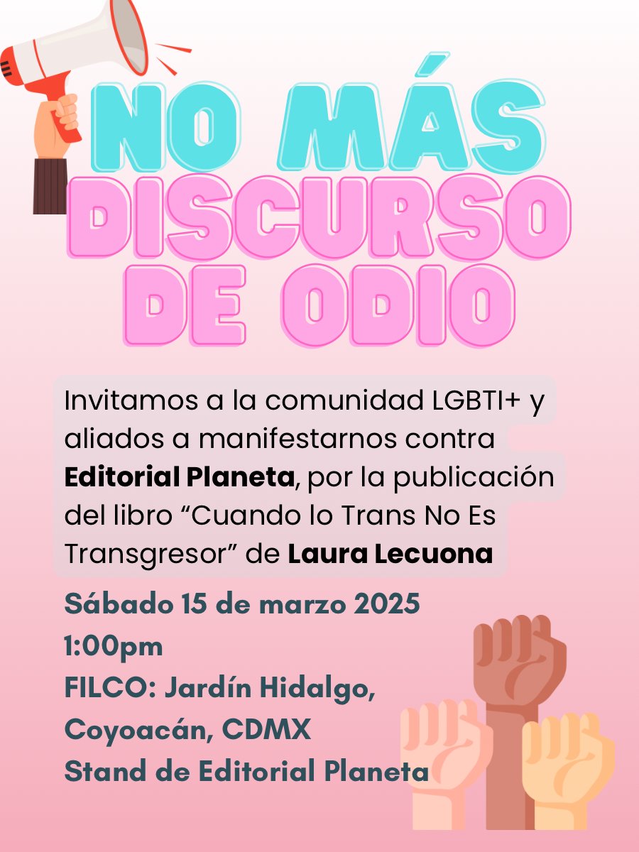 La Editorial <a href="/PlanetaLibrosMx/">Planeta de Libros México</a> publicó un libro de Laura Lecuona, conocida transfóbica.

¡Este sábado 15 nos manifestaremos en la FILCO para decirle a Editorial Planeta que las vidas trans y no binaries importan y que los discursos de odio no deben tener espacio alguno! 🏳️‍⚧️💛🤍🖤💜