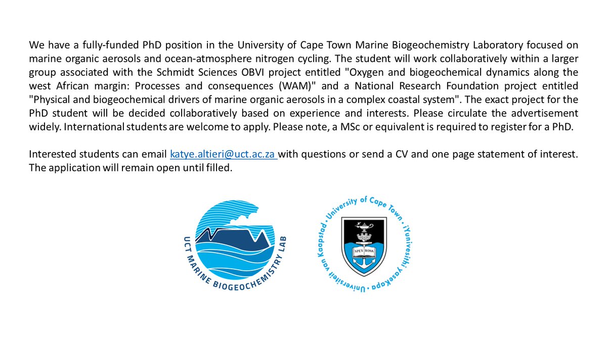 The University of Cape Town Marine Biogeochemistry Laboratory is seeking a fully-funded PhD candidate focused on marine organic aerosols and ocean-atmosphere nitrogen cycling. The application will remain open until filled.