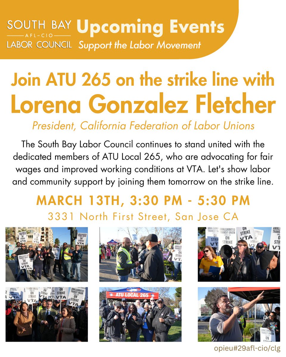 South Bay Labor Council (@sobaylabor) on Twitter photo Tomorrow, March 13th from 3:30-5:30pm join <a href="/265Atu/">atu_local_ 265</a> on the strike line with Lorena Gonzalez Fletcher, President of <a href="/CaliforniaLabor/">California Federation of Labor Unions</a>
The South Bay Labor Council continues to stand united with the members of ATU 265, who are advocating for improved working conditions at VTA Tomorrow, March 13th from 3:30-5:30pm join <a href="/265Atu/">atu_local_ 265</a> on the strike line with Lorena Gonzalez Fletcher, President of <a href="/CaliforniaLabor/">California Federation of Labor Unions</a>
The South Bay Labor Council continues to stand united with the members of ATU 265, who are advocating for improved working conditions at VTA
