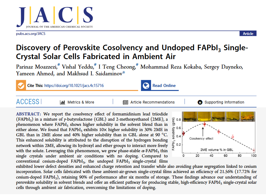 Simplification is at the core of our mission.

We report ambient-air fabrication of single-crystal perovskite solar cells - no glovebox required - enabled by the cosolvency effect.

About that in <a href="/J_A_C_S/">J. Am. Chem. Soc.</a>

pubs.acs.org/doi/full/10.10…