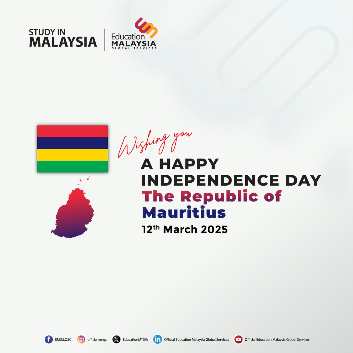 #StudyInMalaysia

We would like to wish a Happy Independence Day to all international students and the people of Mauritius 🇲🇺.

#EMGS #InternationalStudents #StudyAbroad #Mauritius #IndependenceDay
