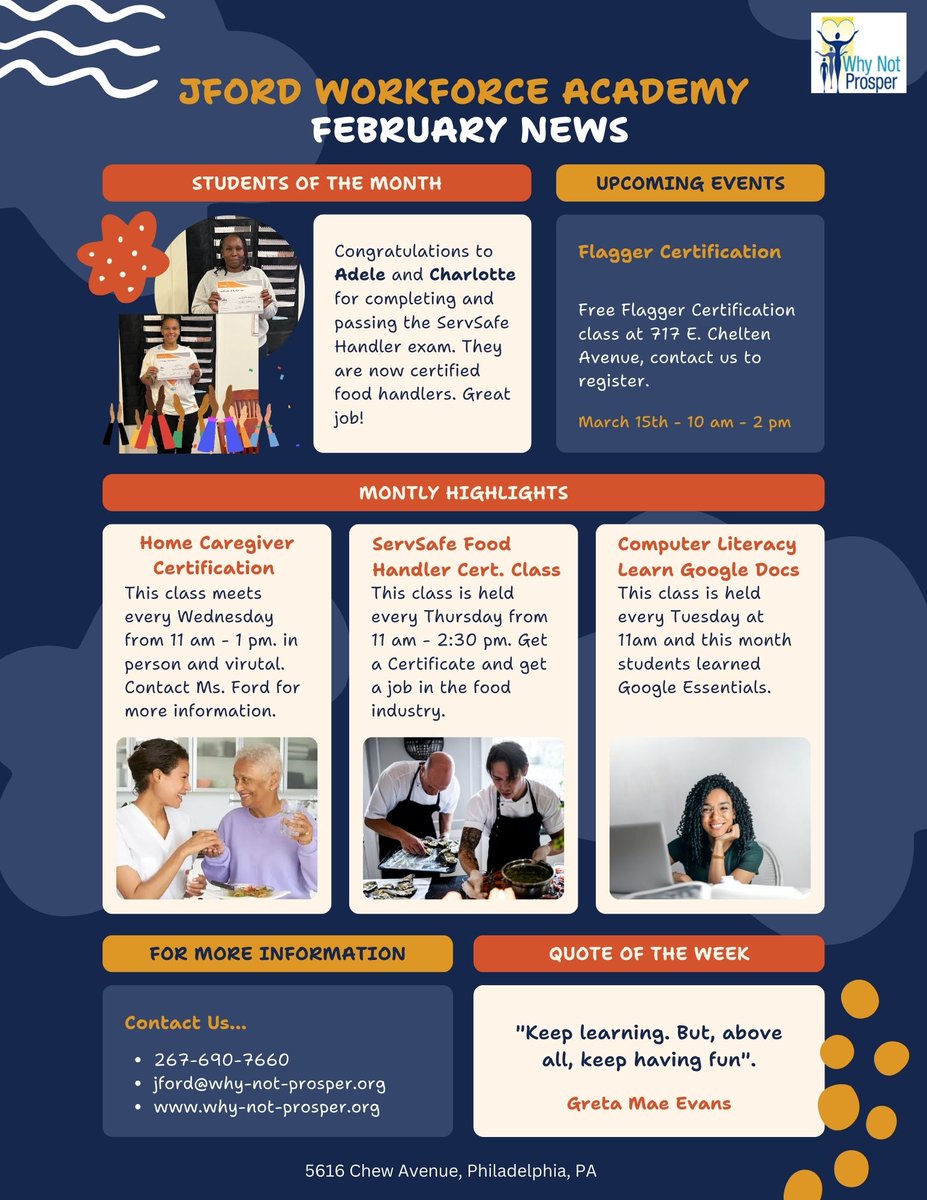 Check out our February newsletter to see what is happening at Why Not Prosper's Josanne Ford Workforce Academy. Don't miss out on exploring the incredible opportunities available to help you build more skills!