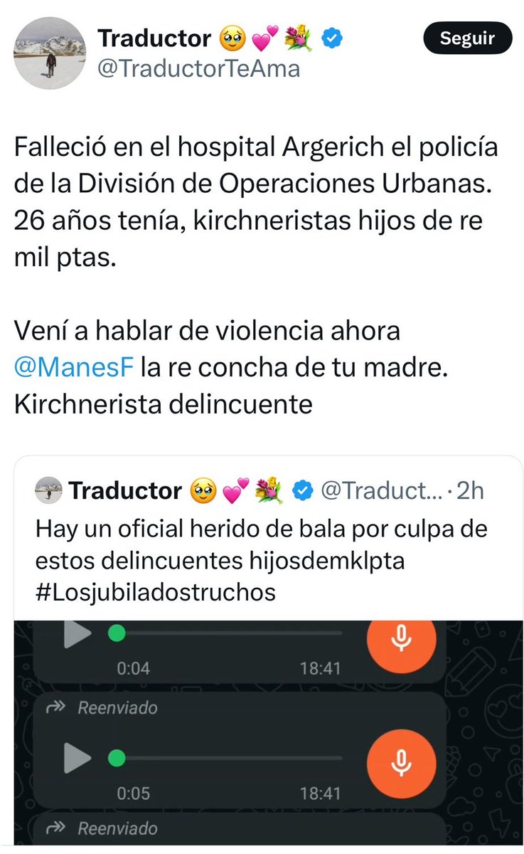 Antiponzista (@ponzistaanti) on Twitter photo Estas dos lacras humanas <a href="/BetoMendeleiev_/">Osvaldo 'Beto' Mendeleiev</a> y <a href="/TraductorTeAma/">Traductor 🥹💕💐</a> inventaron que habian un asesinado a un policia
Los que te dicen que hay que respetar a la policia, "mataron" a un herido solo para putear, uno a los barrasbravas, y el otro Manes
Los borraron ahora por cagones Estas dos lacras humanas <a href="/BetoMendeleiev_/">Osvaldo 'Beto' Mendeleiev</a> y <a href="/TraductorTeAma/">Traductor 🥹💕💐</a> inventaron que habian un asesinado a un policia
Los que te dicen que hay que respetar a la policia, "mataron" a un herido solo para putear, uno a los barrasbravas, y el otro Manes
Los borraron ahora por cagones