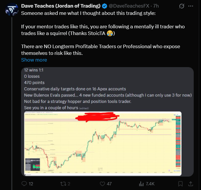 I have been waiting for this moment. Finally, I can publicly thank Dave for everything he has taught me. The trading style he now criticizes is something I learned from him. It seems I left his server too soon, so I didn’t know about the frequent changes he has been implementing,