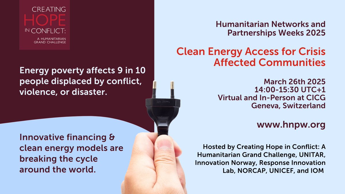 HumanitarianGC's tweet image. 9 in 10 displaced people lack energy access. Join us at #HNPW2025 to share best practices to scale energy solutions alongside @UNITAR, @NorwayInnovation, @R_I_Labs, @NRC_NORCAP, @UNICEFinnovate @UNmigration, & @UNITAR.
Read more & register: humanitariangrandchallenge.org/the-business-o…