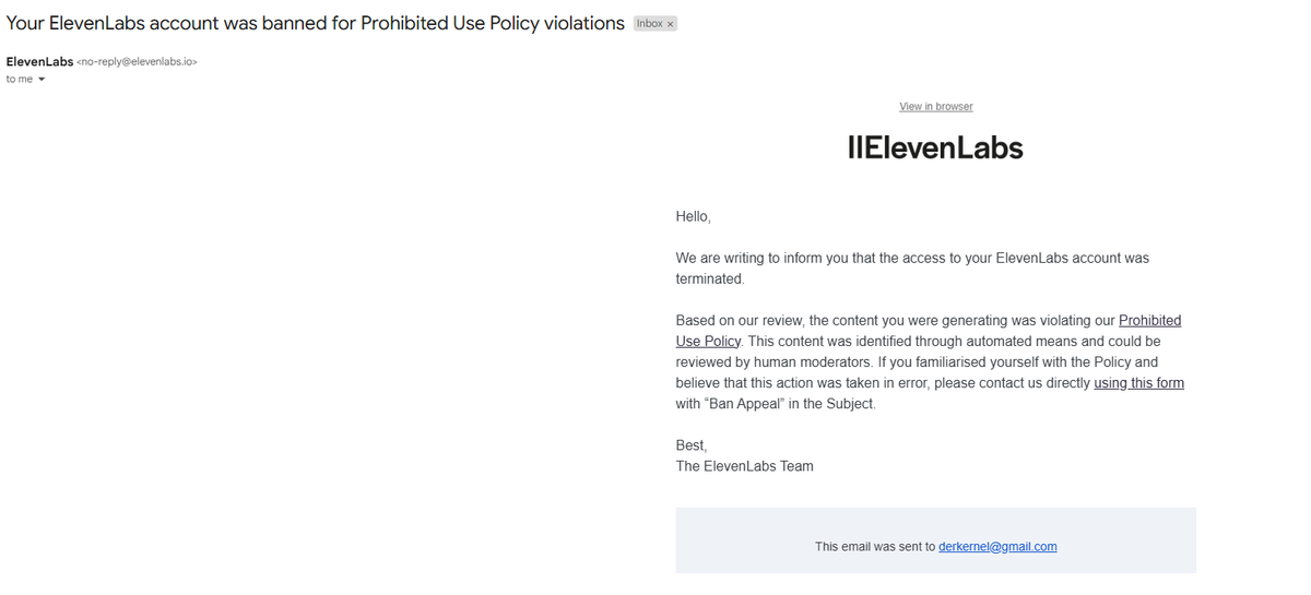 Guys, The AI tool website I am using for the Dagoth mod banned  me through an automated system.

<a href="/elevenlabs/"></a> Can you please respond to my email appeal and we discuss this privately to try and find a solution that works for us both?