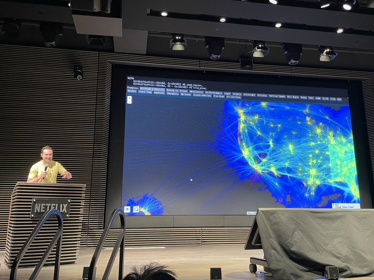 tbragin's tweet photo. @ClickHouseDB CTO of @ClickHouseDB Alexey Milovidov, shows a mind blowing demo of air traffic telemetry indexed in ClickHouse. 150B+ records and immersive UI to explore it. This is only possible in ClickHouse. https://t.co/tpdvWiVLMO ✈️ https://t.co/gGnAKqHX8B
